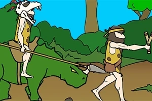 Çizgi tarzında bir sahne, sopa taşıyan ilkel giysili bir adam ve dinozor üzerinde oturan, kafatası maskesi giymiş bir başka kişi ormanlık bir alanda ilerliyor
