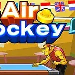İki karakter, air hokey masasında karşılıklı oyunu oynarken, arka planda çeşitli ülkelerin bayrakları görülüyor