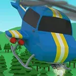 Mavi ve sarı çizgili, renkli bir oyuncak helikopter yeşil bir ormanın üzerinde uçuyor