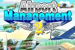 Renkli uçakların ve Airport Management 2 yazısının bulunduğu bir havaalanı temalı illüstrasyon