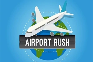 Gökyüzü üzerinde dünya figürünün üstünden geçen uçak ve ön planda AIRPORT RUSH yazısı