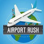 Gökyüzü üzerinde dünya figürünün üstünden geçen uçak ve ön planda AIRPORT RUSH yazısı