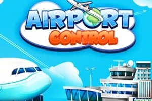Mavi arka planda bulutlar üzerinde Airport Control yazısı, bir uçak ve havaalanı kontrol kulesi