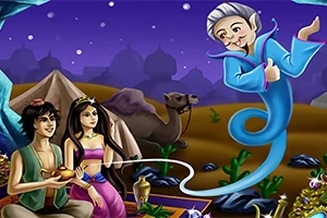 Çölde gece vakti bir çift, bir sihirli lamba ve çıkan bir cin ile birlikte deve ve kum tepeleri manzarasında oturuyor