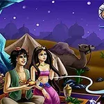 Çölde gece vakti bir çift, bir sihirli lamba ve çıkan bir cin ile birlikte deve ve kum tepeleri manzarasında oturuyor