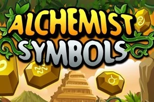 Alchemist Symbols yazısı, yapraklarla çevrili altın altıgenlerle dolu bir arka planda