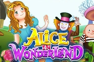 Çizgi karakterler ve Alice in Wonderland başlığı yer alıyor, bir kız ve şapkalı bir figür öne çıkıyor