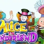 Çizgi karakterler ve Alice in Wonderland başlığı yer alıyor, bir kız ve şapkalı bir figür öne çıkıyor