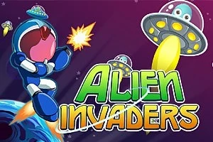 Uzay temalı bir sahnede, lazer silahı kullanan mavi kostümlü bir uzaylı karakter ve Alien Invaders yazısı, gökyüzünde uçan dairesel uzay gemileri