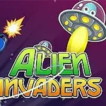 Uzay temalı bir sahnede, lazer silahı kullanan mavi kostümlü bir uzaylı karakter ve Alien Invaders yazısı, gökyüzünde uçan dairesel uzay gemileri