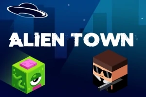 Yeşil tek gözlü bir uzaylı figürü ve elinde silah tutan siyah takım elbiseli bir adam, Alien Town yazısı ile gece şehir manzarası önünde
