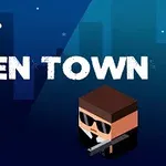 Yeşil tek gözlü bir uzaylı figürü ve elinde silah tutan siyah takım elbiseli bir adam, Alien Town yazısı ile gece şehir manzarası önünde