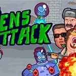 Uzaylıların ve çeşitli insan karakterlerin çatışmasını gösteren renkli çizgi film tarzı bir sahne