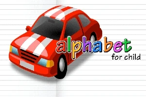 Kırmızı ve beyaz çizgili bir araba ile alphabet for child yazısı