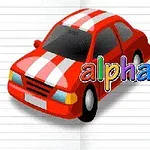 Kırmızı ve beyaz çizgili bir araba ile alphabet for child yazısı