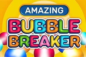 Renkli harflerle yazılmış Amazing Bubble Breaker metni ve çeşitli renklerde toplar