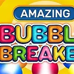 Renkli harflerle yazılmış Amazing Bubble Breaker metni ve çeşitli renklerde toplar