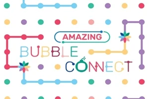 Renkli baloncuk ve çizgilerle bezenmiş, Amazing Bubble Connect yazılı grafik