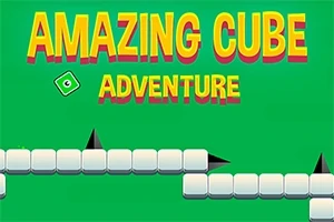 Yeşil arka plan üzerinde Amazing Cube Adventure metni ve beyaz küplerden oluşan bir platform, bazı siyah üçgen engellerle birlikte