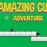 Yeşil arka plan üzerinde Amazing Cube Adventure metni ve beyaz küplerden oluşan bir platform, bazı siyah üçgen engellerle birlikte