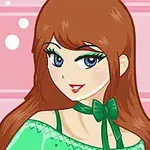 Kahverengi saçlı, mavi gözlü ve yeşil kıyafetli bir anime karakteri, pembe arka plan üzerinde görüntüleniyor