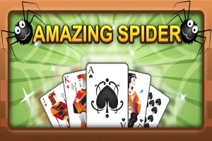 AMAZING SPIDER yazısının üzerinde örümcek figürleri bulunan ve ortada bir deste iskambil kartı olan görsel