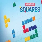 Renkli karelerden oluşan bir şekil ve üst kısmında Amazing Squares yazısı bulunan mavi arka planlı görsel