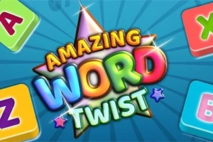 Renkli karelerin üzerinde harflerin yer aldığı ve ortasında büyük harflerle Amazing Word Twist yazan mavi arka planlı bir görüntü