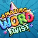 Renkli karelerin üzerinde harflerin yer aldığı ve ortasında büyük harflerle Amazing Word Twist yazan mavi arka planlı bir görüntü