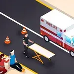 Ambulansın yanında sedye ile duran sağlık görevlileri ve yol kenarında oturan bir kişinin tasviri