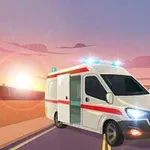 Açık yolda sirenleri yanan beyaz bir ambulans, gün batımı manzarasıyla birlikte