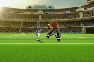 Yeşil sahada Amerikan futbolu topu tutan bir futbol oyuncusu ve arka planda büyük bir stadyum