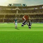 Yeşil sahada Amerikan futbolu topu tutan bir futbol oyuncusu ve arka planda büyük bir stadyum