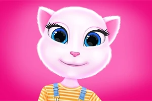 Büyük mavi gözlü, pembe burunlu beyaz bir kedi karakter, pembe bir arka plan önünde turuncu çizgili bir tişört ve askılı pantolon giyiyor