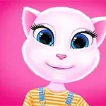 Büyük mavi gözlü, pembe burunlu beyaz bir kedi karakter, pembe bir arka plan önünde turuncu çizgili bir tişört ve askılı pantolon giyiyor