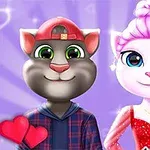 Kırmızı elbiseli ve pembe saçlı beyaz kedi ile kırmızı şapka takan gri kedinin bulunduğu mor arka planlı illüstrasyon