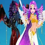 Mor saçlı, siyah tenli karanlık bir figür ile pembe saçlı, beyaz kanatlı açık tenli bir figür, gökyüzü fonunda yan yana duruyor