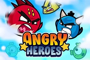 Kızgın ifadelerle gökyüzünde uçan kırmızı, mavi ve sarı karakterler ile ortada Angry Heroes yazısı