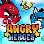 Kızgın ifadelerle gökyüzünde uçan kırmızı, mavi ve sarı karakterler ile ortada Angry Heroes yazısı
