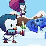 Karlı bir dağ manzarasında, biri yerde silah tutan, diğeri paraşütle gökyüzünden inen penguenler ve buzdan bir yaratık