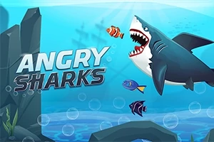 Bir köpekbalığı ve diğer küçük balıklarla denizaltı sahnesinde Angry Sharks yazısı