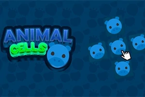 Mavi bir arka plan üzerinde Animal Cells yazısı ve etrafa dağılmış birkaç mavi yüz ifadesi olan yuvarlak şekiller, yanında beyaz bir imleç
