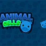 Mavi bir arka plan üzerinde Animal Cells yazısı ve etrafa dağılmış birkaç mavi yüz ifadesi olan yuvarlak şekiller, yanında beyaz bir imleç