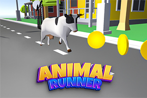 Bir yol boyunca koşan inek ve etrafta altın sarısı madeni paralar, ön planda ANIMAL RUNNER yazılı renkli bir logo