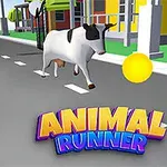 Bir yol boyunca koşan inek ve etrafta altın sarısı madeni paralar, ön planda ANIMAL RUNNER yazılı renkli bir logo