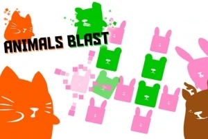 Renkli hayvan figürleri ve ANIMALS BLAST yazısı bulunan bir grafik tasarımı