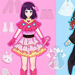 Beyaz ve mavi fonda iki anime tarzı karakter, pembeli ve kıyafet seçenekleriyle