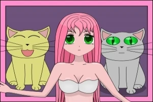 Pembe saçlı ve yeşil gözlü bir anime kızı, iki kedinin önünde duruyor; biri sarı ve gülümserken, diğeri gri ve ciddi bakışlı