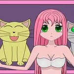 Pembe saçlı ve yeşil gözlü bir anime kızı, iki kedinin önünde duruyor; biri sarı ve gülümserken, diğeri gri ve ciddi bakışlı