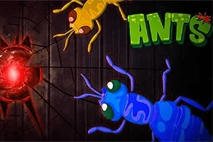 Siyah zemin üzerinde, kırmızı bir ışık yayan yuvarlak bir delik, sarı ve mavi renkli iki karınca ile Ants yazısı